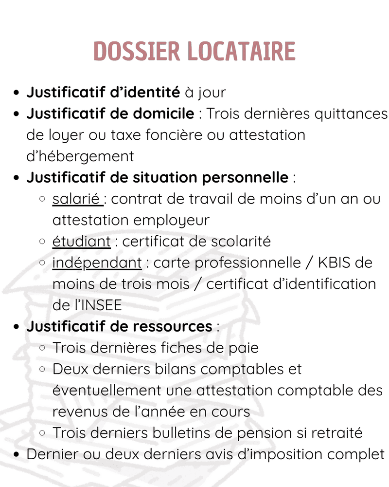 Pièces pour dossier locataire